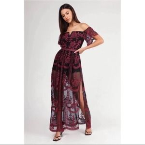 Honey Punch Red + Black Off The Shoulder Lace Maxi Dress NWT